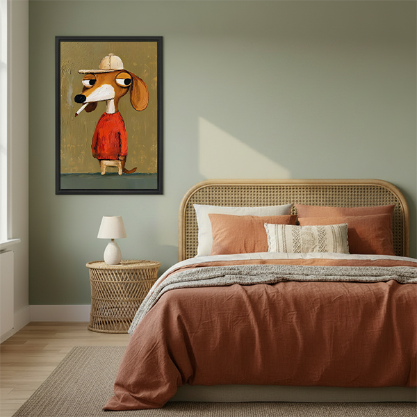Black framed dog in red sweater canvas wall art with an olive background, displayed between plants beside wooden tables.