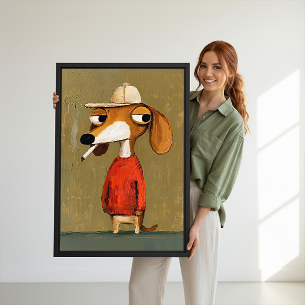 Framed dog in red sweater canvas wall art above a cream sofa in a bright living room.