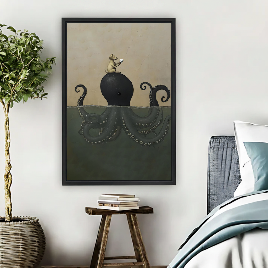 Quirky dog sitting on giant black octopus drinking coffee dark fantasy framed canvas print displayed in cozy bedroom