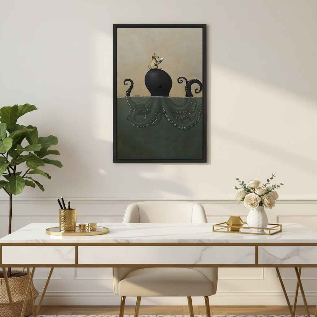Framed dog on giant octopus surreal dark fantasy canvas print hanging above marble gold desk in elegant home office