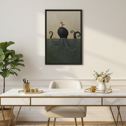 Framed dog on giant octopus surreal dark fantasy canvas print hanging above marble gold desk in elegant home office