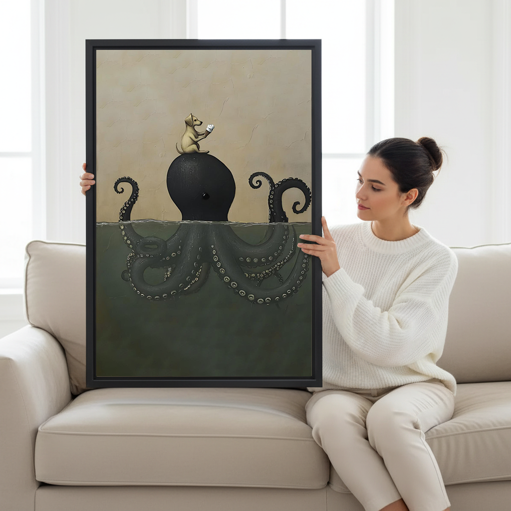 Woman holding large framed dog on giant octopus dark fantasy canvas print showing size scale on white sofa