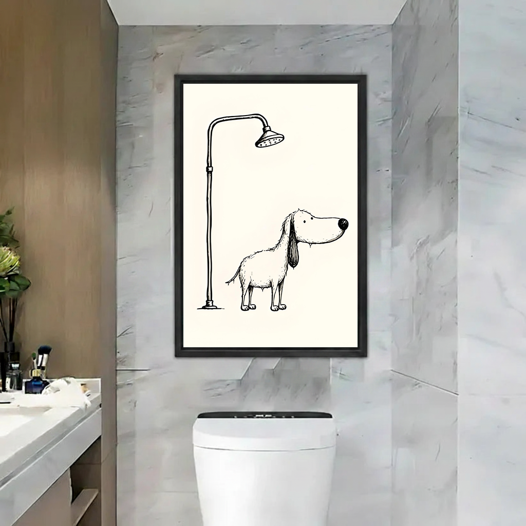 Two women smiling beside black-framed dog shower canvas wall art with a whimsical line drawing in a pink bathroom.
