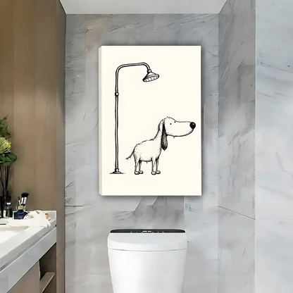 Black-framed dog shower canvas wall art displayed above a toilet beside a wooden vanity and round mirror.