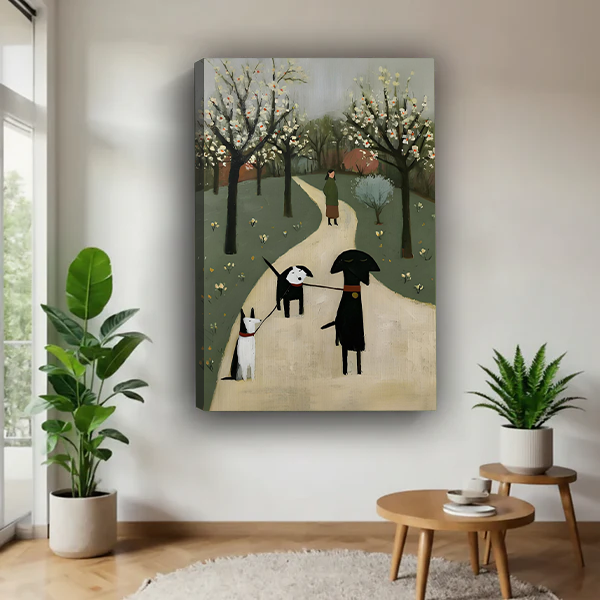 Framed whimsical dog walk canvas wall art above a rattan bed in a softly colored bedroom.