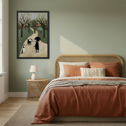 Gallery-wrap dog walk canvas wall art featuring playful dogs and blossoming trees on a winding path.