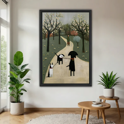Woman holding framed whimsical dog walk canvas wall art showing playful dogs on a blossom-lined path.
