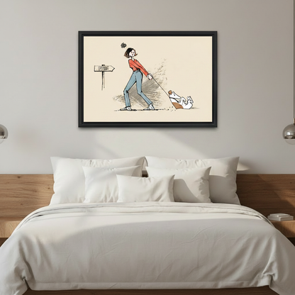 Dog walk illustration canvas wall art in bedroom scene, funny sketch of woman dragging reluctant dog toward park, humorous home decor print