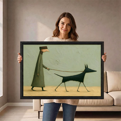 Woman holding a large framed art print of a whimsical dog walker illustration, showing print scale and black frame detail
