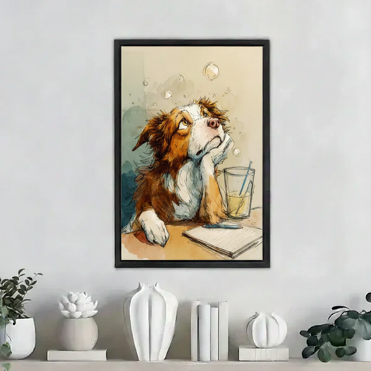 Funny daydreaming dog watercolor wall art print in black frame on white shelf with ceramic vase decor in modern home