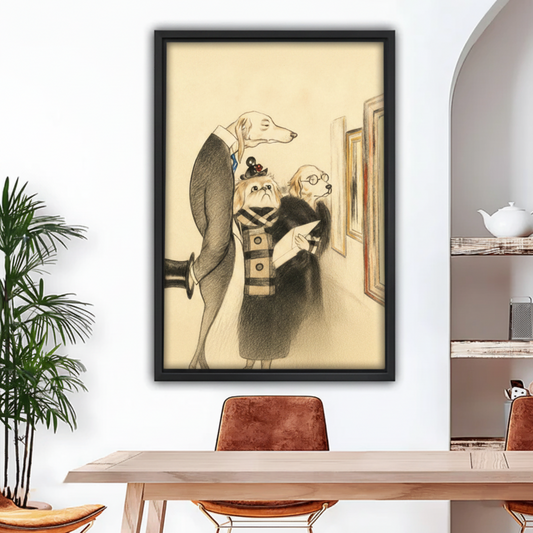Black framed canvas wall art featuring three anthropomorphic dogs viewing paintings in a gallery, vintage sketch style, dining room decor