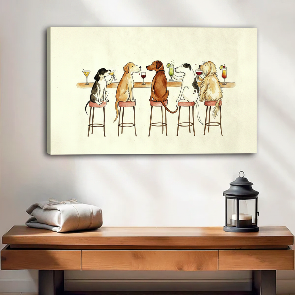 Unframed stretched canvas wall art of five whimsical dogs on bar stools enjoying cocktails, hung above a rustic wooden console