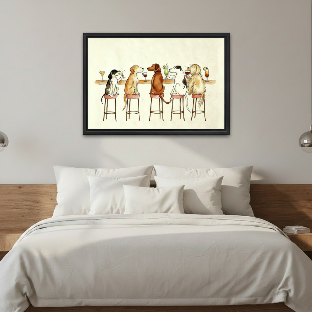 Watercolor dogs at bar cocktail framed canvas wall art mounted above a white bedding bed in a minimalist modern bedroom