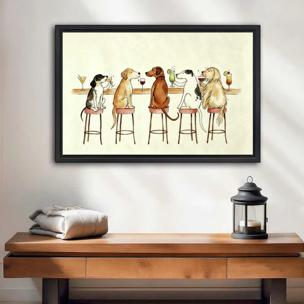 Framed canvas print of five dogs sitting at a bar drinking cocktails, displayed above a wooden console table with lantern decor