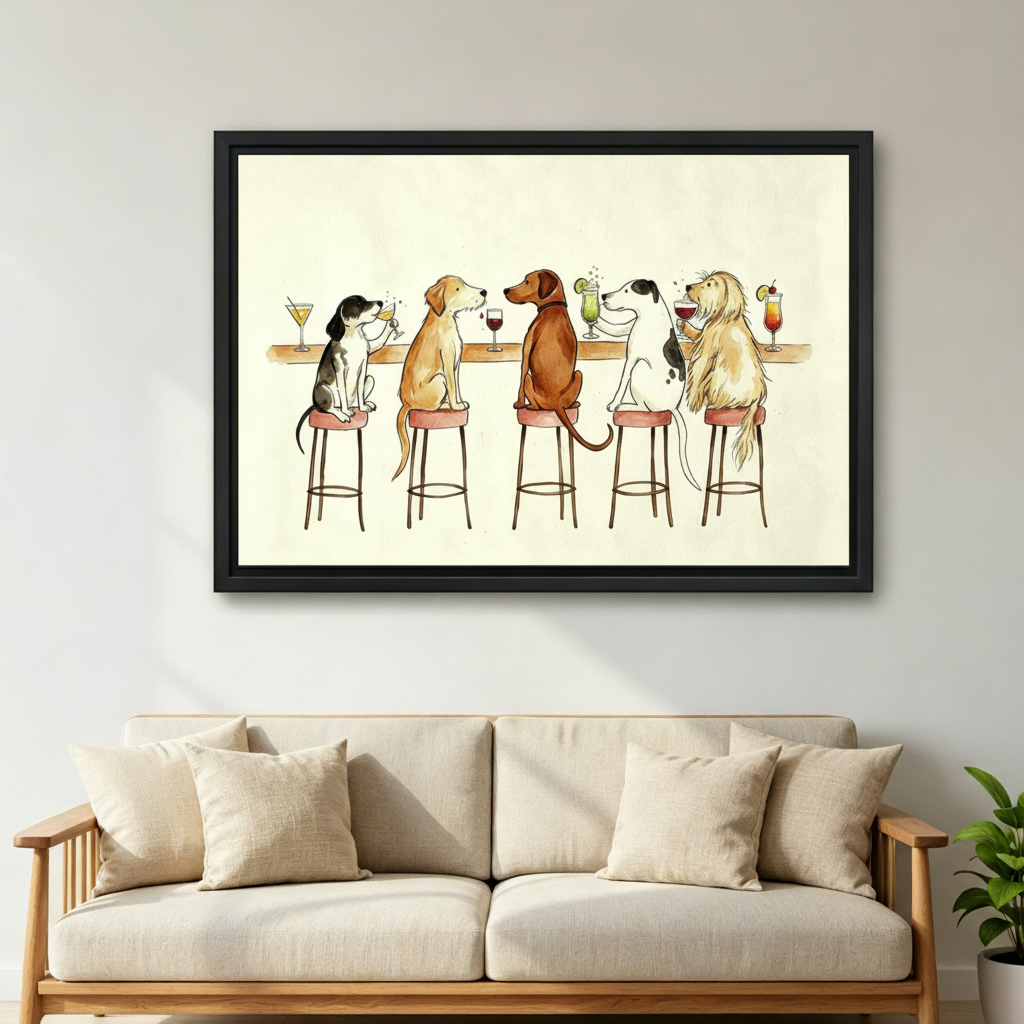 Quirky dogs at a bar framed canvas art styled above a neutral linen sofa in a bright Scandinavian living room