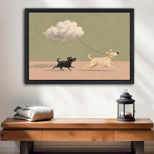 Black-framed whimsical dogs rain cloud canvas wall art above a cream sofa, featuring two dogs in sage and peach.