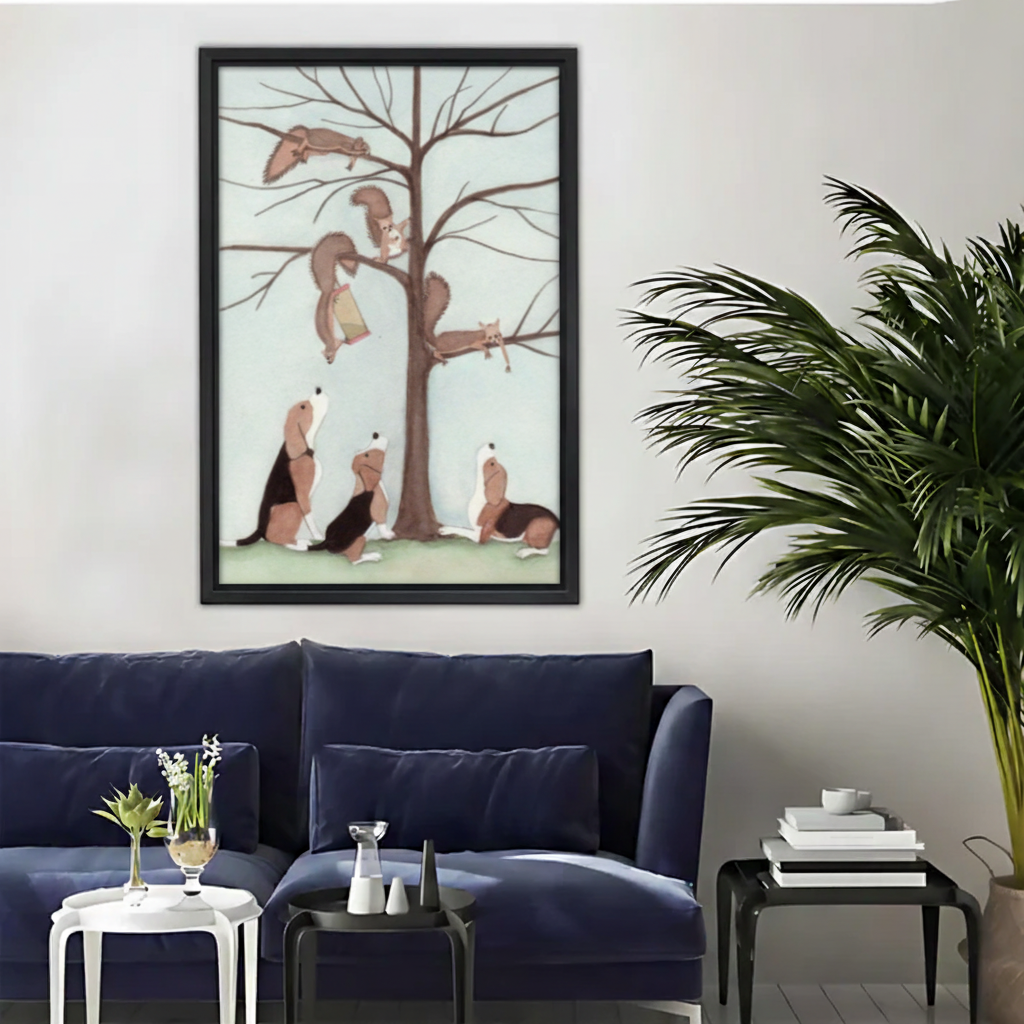 Dogs Squirrels - Framed Canvas Retry