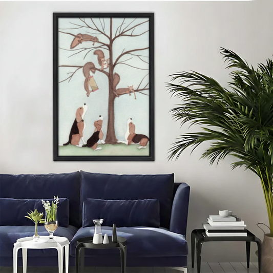 Dogs Squirrels - Framed Canvas Retry