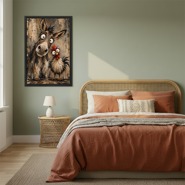 Woman holding black framed donkey and chicken canvas wall art featuring playful expressions and earthy rustic tones.