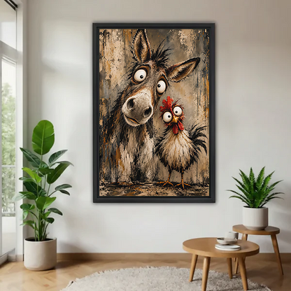 Rustic donkey and chicken canvas wall art in a black frame beside a bed with terracotta bedding.