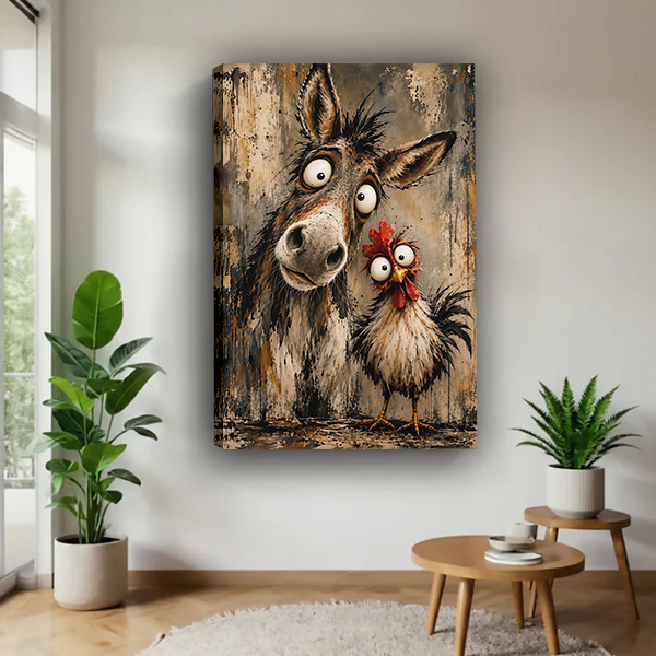 Whimsical donkey and chicken canvas wall art displayed without an outer frame beside plants and wooden tables.