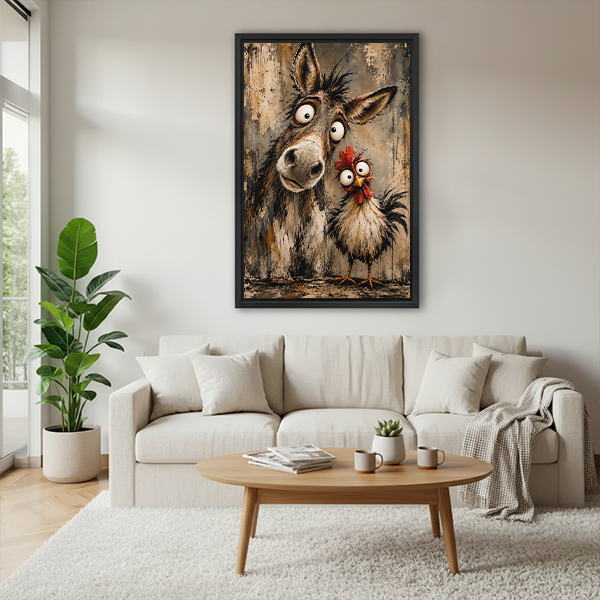 Black framed donkey and chicken canvas wall art with wide-eyed farm animals displayed between green houseplants.