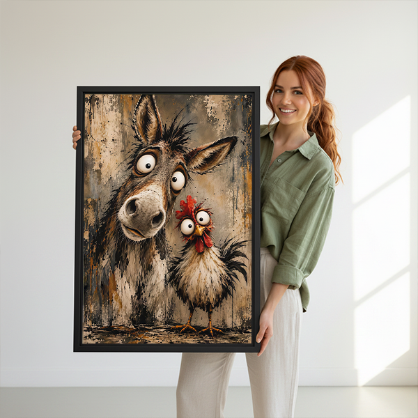 Framed donkey and chicken canvas wall art with rustic brushwork displayed above a cream living room sofa.