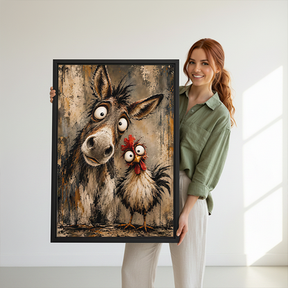Framed donkey and chicken canvas wall art with rustic brushwork displayed above a cream living room sofa.