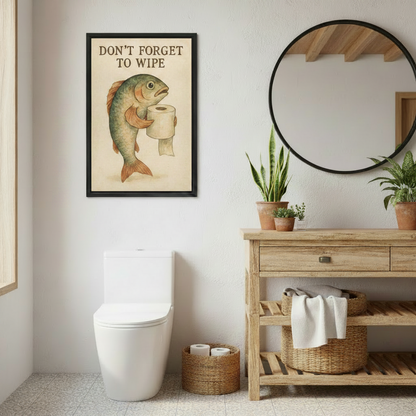 Don't forget to wipe vintage fish canvas print in black frame beside toilet in rustic wood bathroom