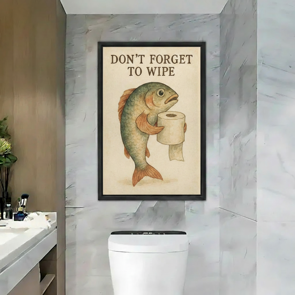 Don't forget to wipe funny fish framed canvas print hanging above toilet in marble tile bathroom