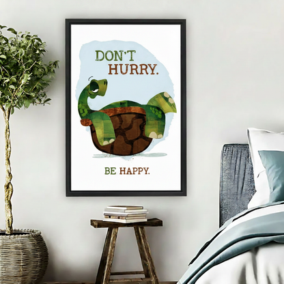 Whimsical turtle quote canvas wall art in black frame above wooden stool in cozy white bedroom