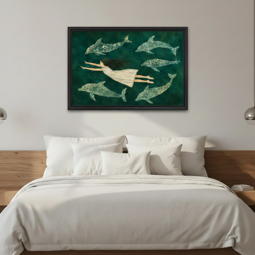 Dreamy girl and dolphins black framed canvas wall art mounted above a bed with white linen in a serene bedroom