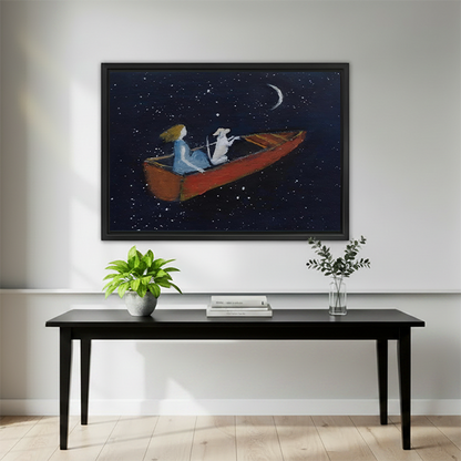 Framed dreamy night sky wall art with a girl and dog in a red boat under the moon, mounted above a black dining table in a minimalist room