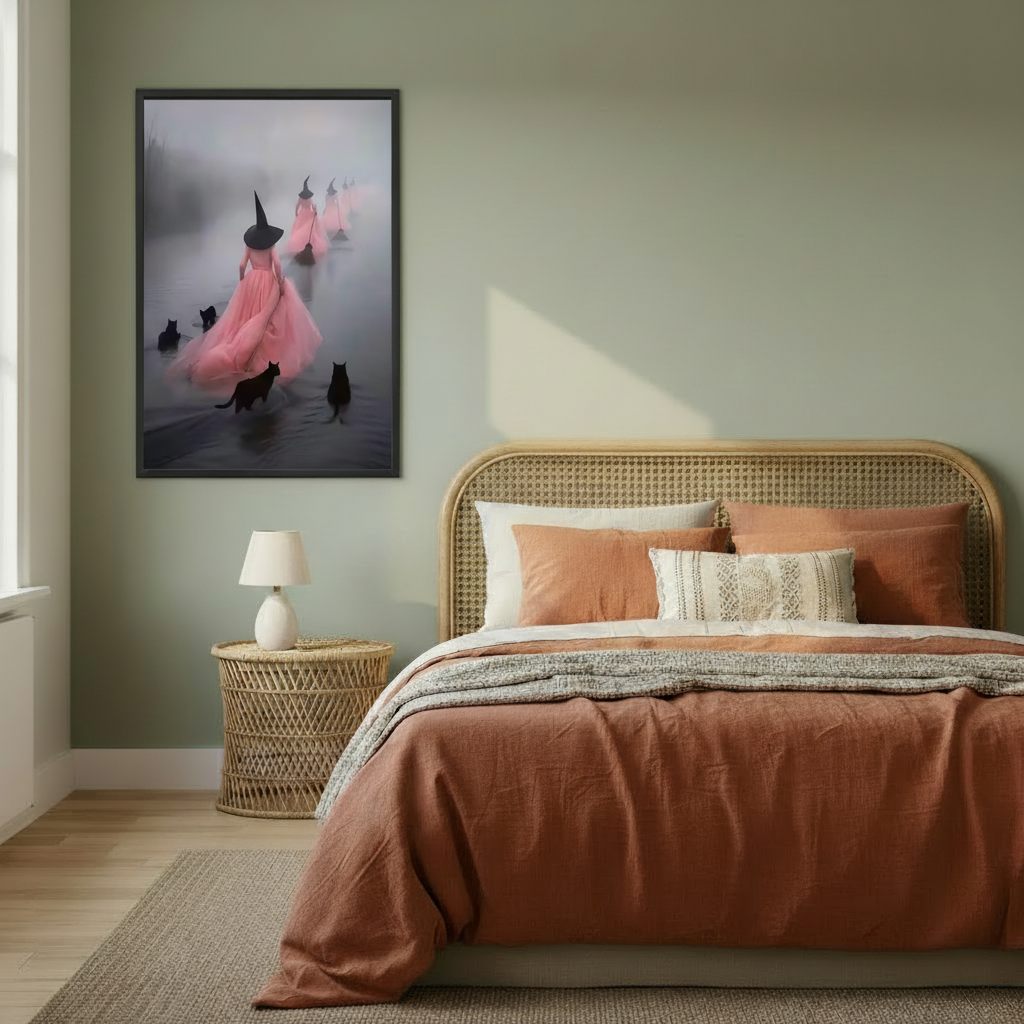 Witches in pink dresses and black hats drifting through pale mist with black cats framed canvas above white wall