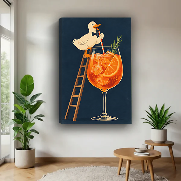 Whimsical duck cocktail canvas wall art gallery wrap style hung in modern living room interior