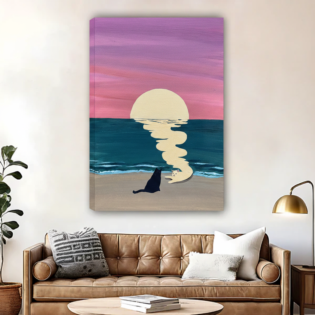 Gallery wrap canvas of black and white cats watching ocean sunset — beach wall art decor