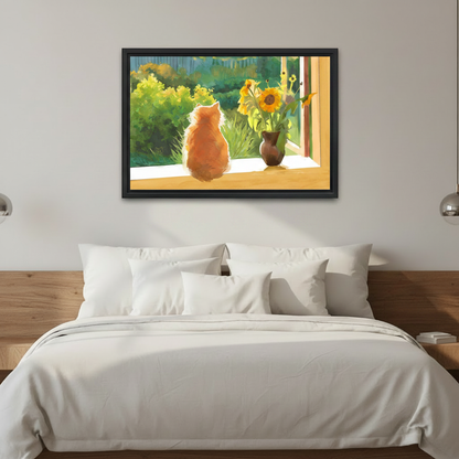 Cozy orange cat by window watercolor print framed canvas — sunflower nature wall art perfect for entryway display