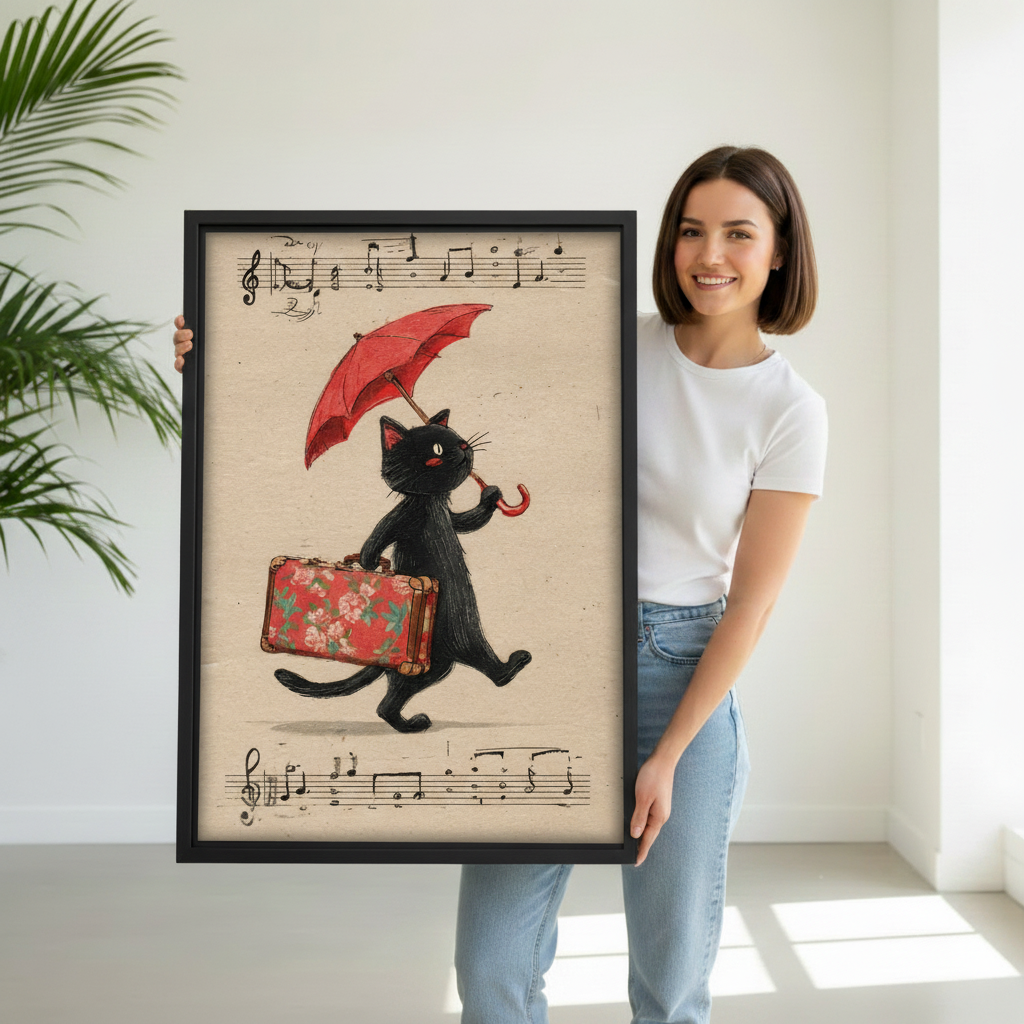Vintage black cat umbrella wall art in black frame held by woman — charming cat with floral suitcase print, perfect gift for cat lovers