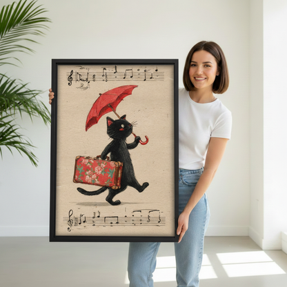 Vintage black cat umbrella wall art in black frame held by woman — charming cat with floral suitcase print, perfect gift for cat lovers