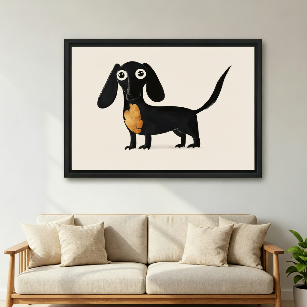 Dachshund wall art in black floating frame, cute whimsical dog print hung above entryway console table, minimalist home decor