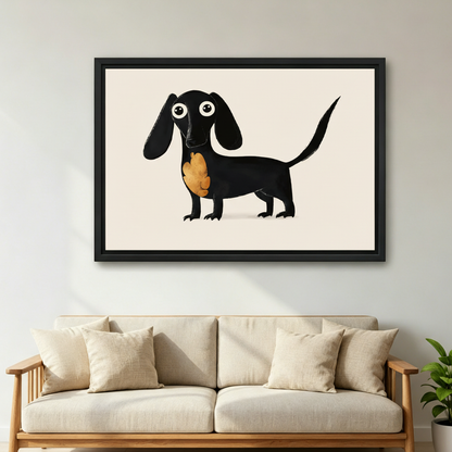 Dachshund wall art in black floating frame, cute whimsical dog print hung above entryway console table, minimalist home decor