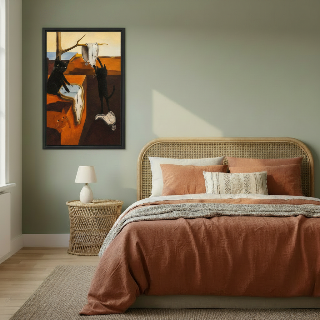 Bold surrealist cat oil painting in black frame – black cats with melting clocks, eclectic living room wall decor