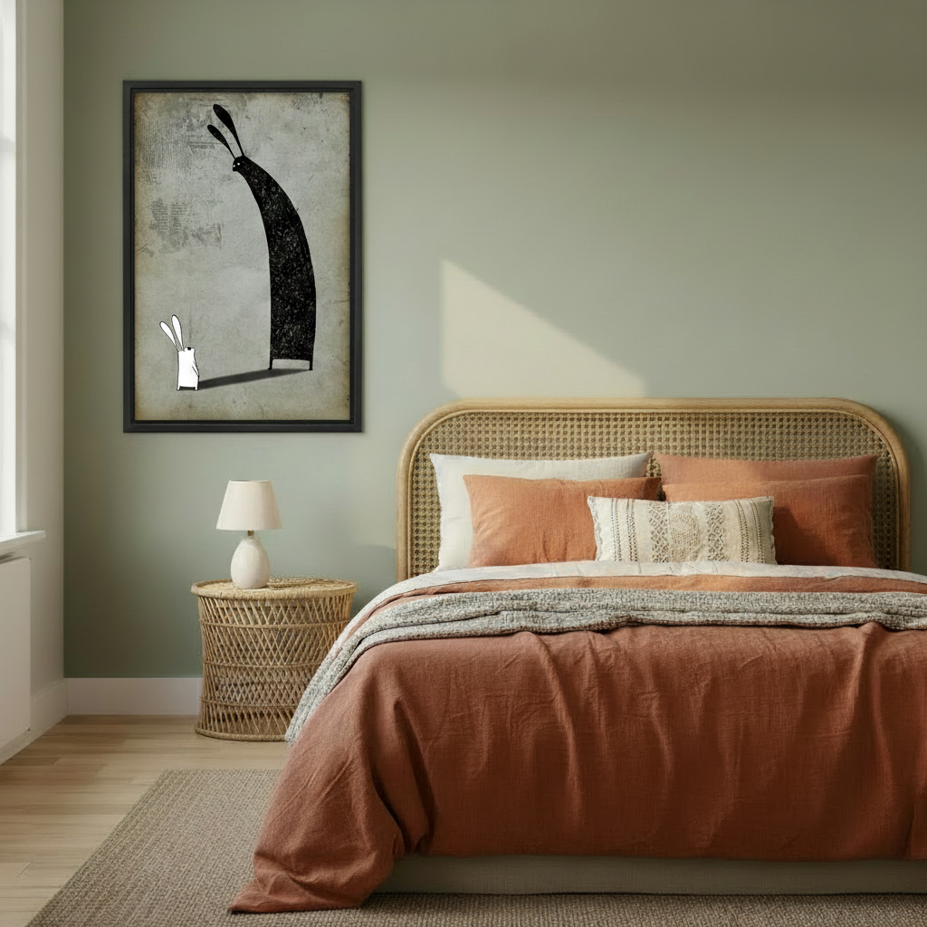 White rabbit shadow surreal framed canvas art hanging in modern living room — black white philosophical wall decor above sofa