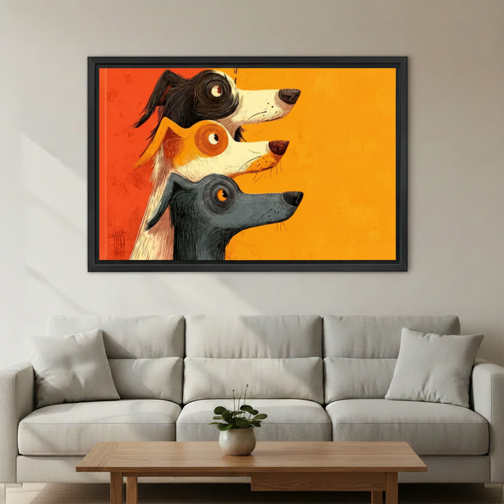 Three dogs framed canvas wall art — bold graphic dog illustration, orange and gold background, office or living room decor