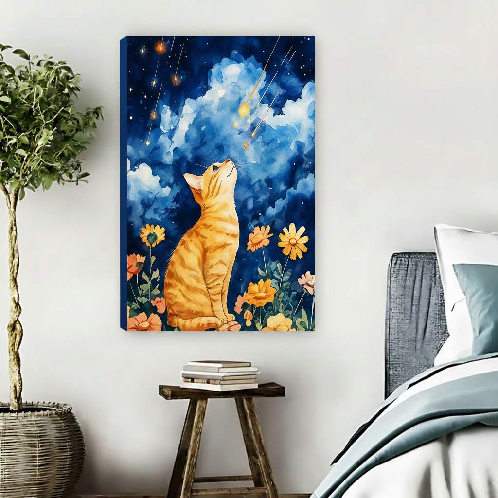 Cat gazing at shooting stars watercolor canvas print, romantic bedroom wall decor