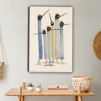 Abstract bird flock illustration print, quirky watercolor birds with red crests, modern wall decor