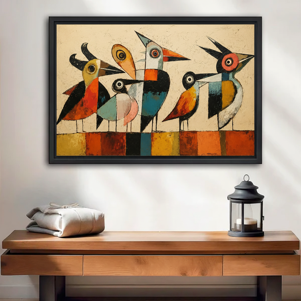 Cubist abstract birds canvas wall art in black floating frame, five colorful geometric birds print hung above wooden console table with lantern