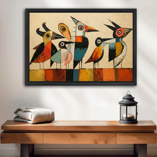 Cubist abstract birds canvas wall art in black floating frame, five colorful geometric birds print hung above wooden console table with lantern