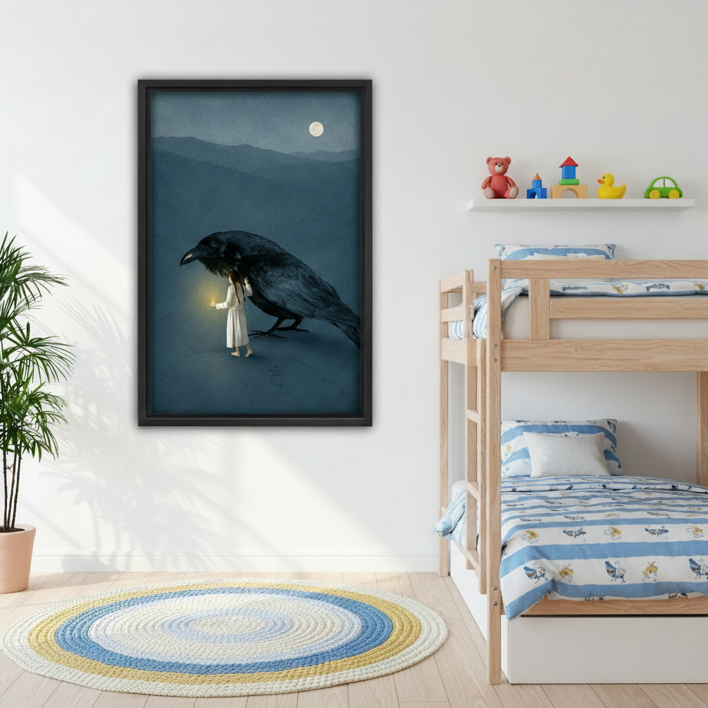 Girl with lantern giant crow dark fantasy wall art in black frame above grey sofa in moody living room