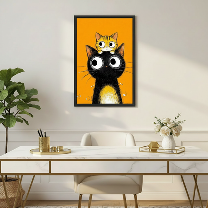 Cat lover wall art gift — playful big-eye cat duo canvas print, unique animal artwork for any room